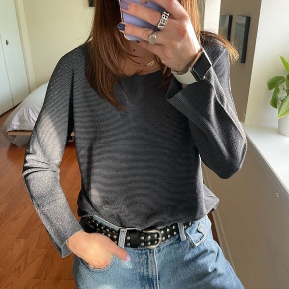 D. Exterior Metallic Boat Neck Long Sleeve T-Shirt Silver Size Large - Picture 5 of 7